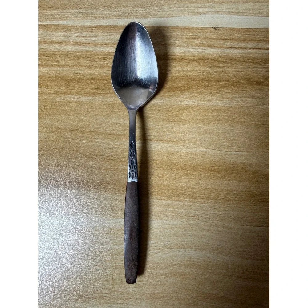 Vintage Grand Prix Stainless Steel Brown Wood Handle MCM Teaspoon Spoon Silver‎